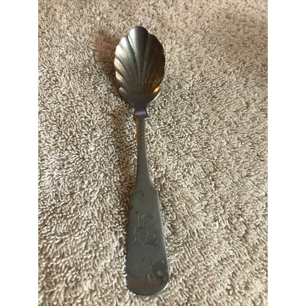 Brazil Silver Sugar Serving Spoon Shell Pattern Mono F Tarnished Needs Polish